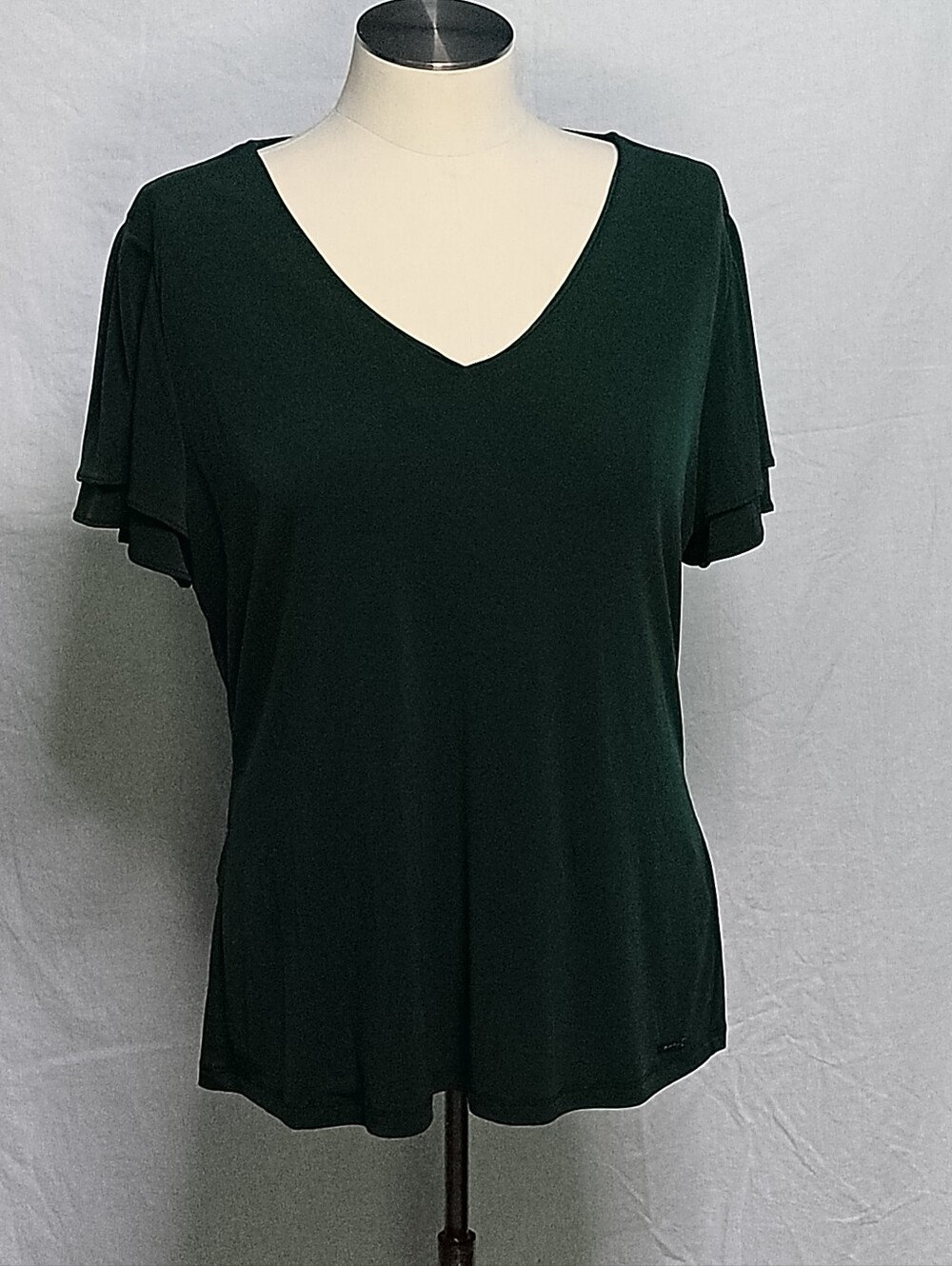 Calvin Klein Dark Green V-Neck Flutter Sleeve Top Size L Good Stretchy Fabric